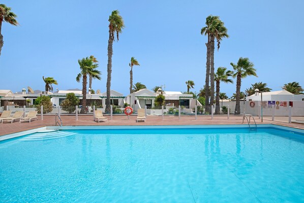 A swimming pool with lounge chairs and palm trees.