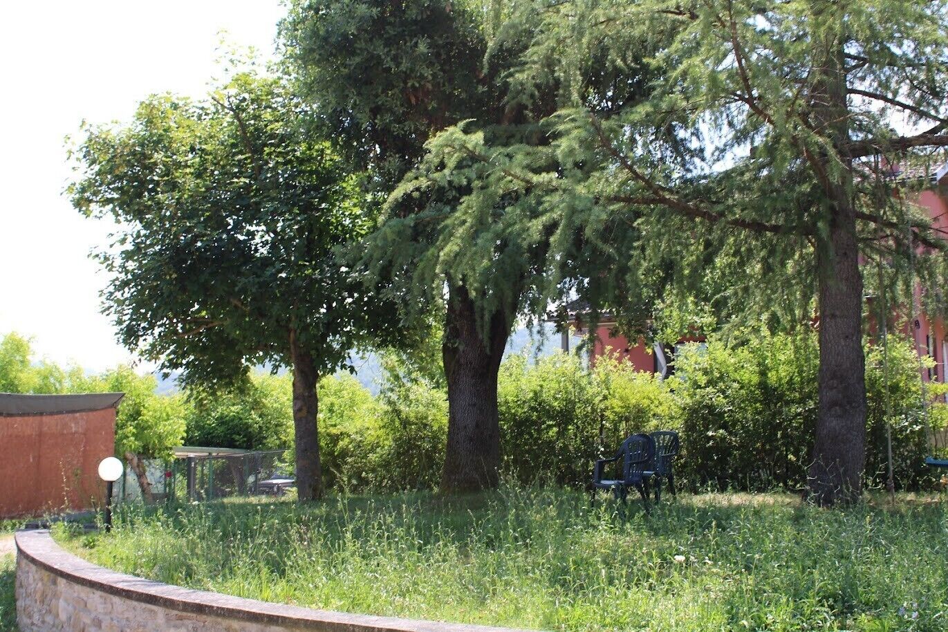 Een park met bomen, een bankje en een stenen muur.