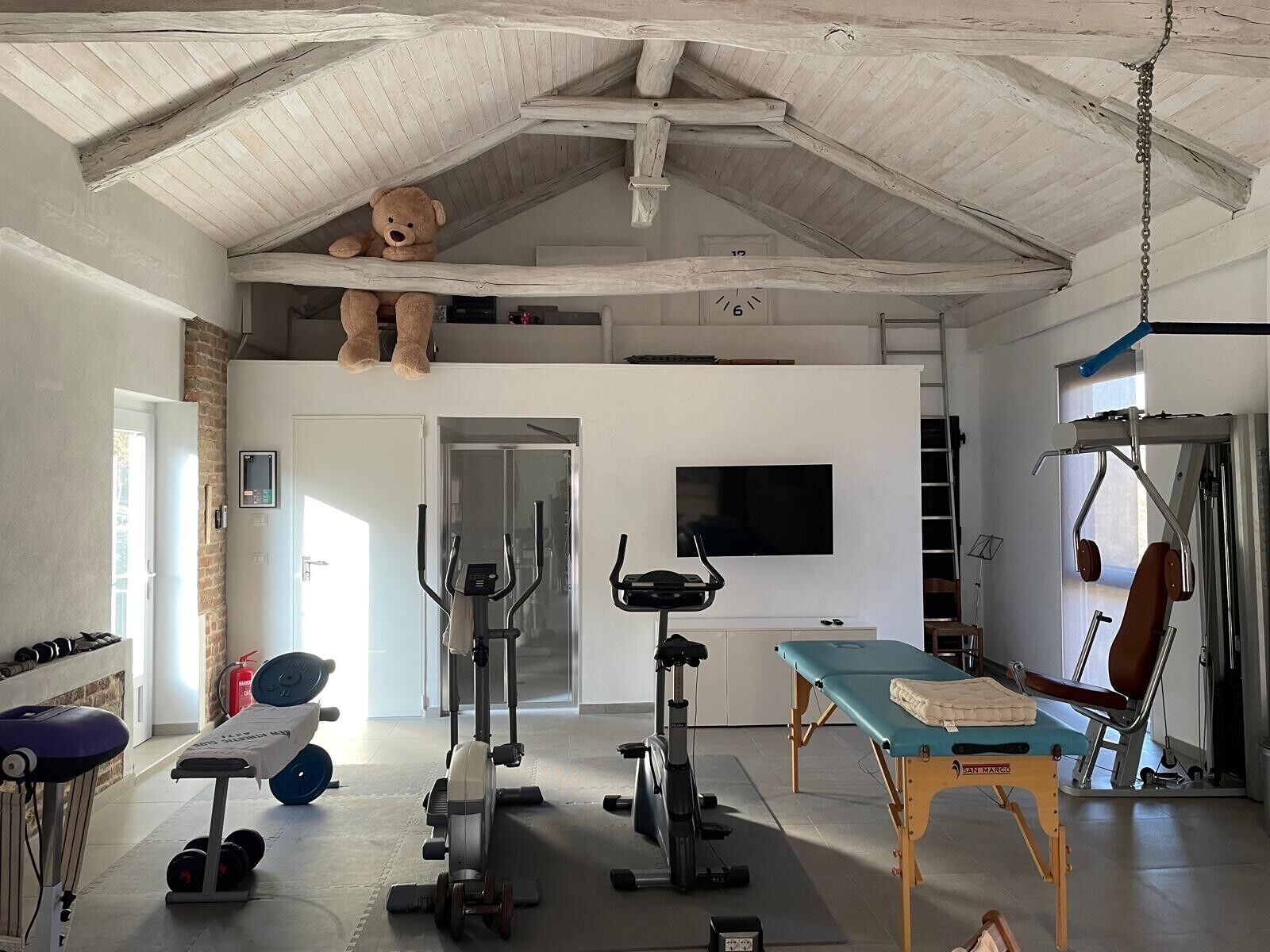 A gym with exercise equipment, a therapy table, and a large teddy bear on the ceiling.