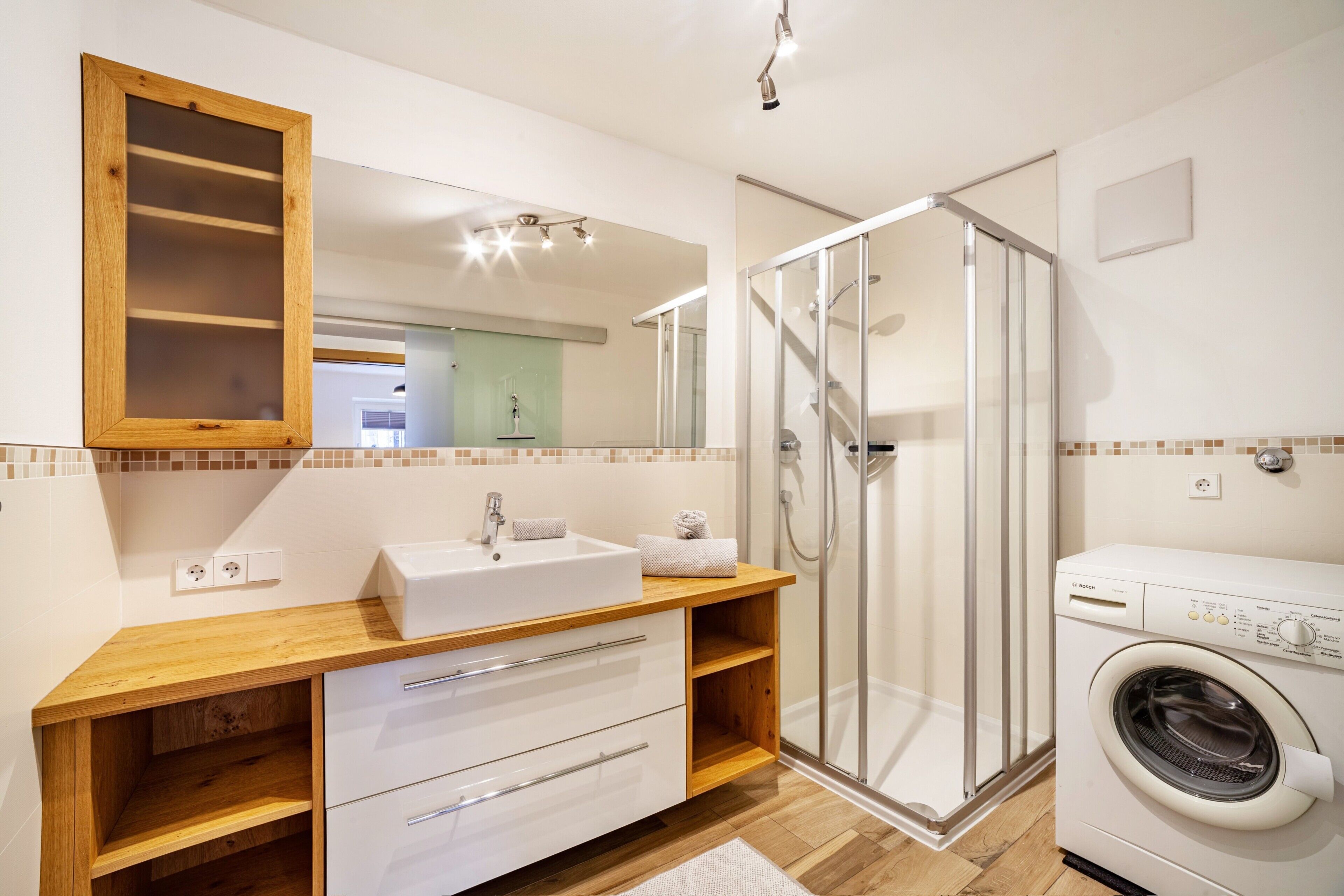 Shower, hair dryer, towels