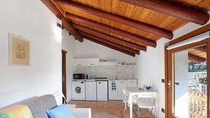 A compact living space with a kitchenette, a sofa with a cushion, a dining table with chairs, and a wooden ceiling.