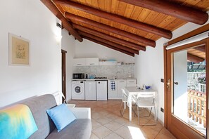 A compact living space with a kitchenette, a sofa with a cushion, a dining table with chairs, and a wooden ceiling.