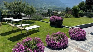A garden with tables and flower beds, a wooden fence, and a mountain view.