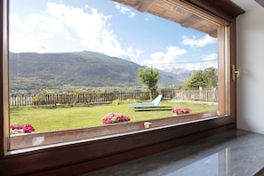 Vista desde una ventana con marco de madera, césped, una silla de descanso azul y una valla de madera.