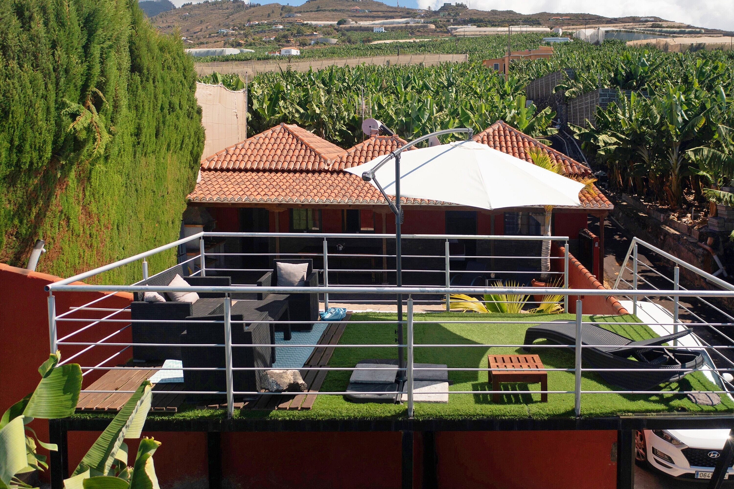 A rooftop terrace with a pool, outdoor seating, and a view of a banana plantation.