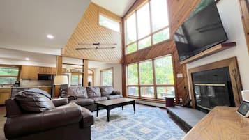 Smart TV, fireplace, video games, DVD player