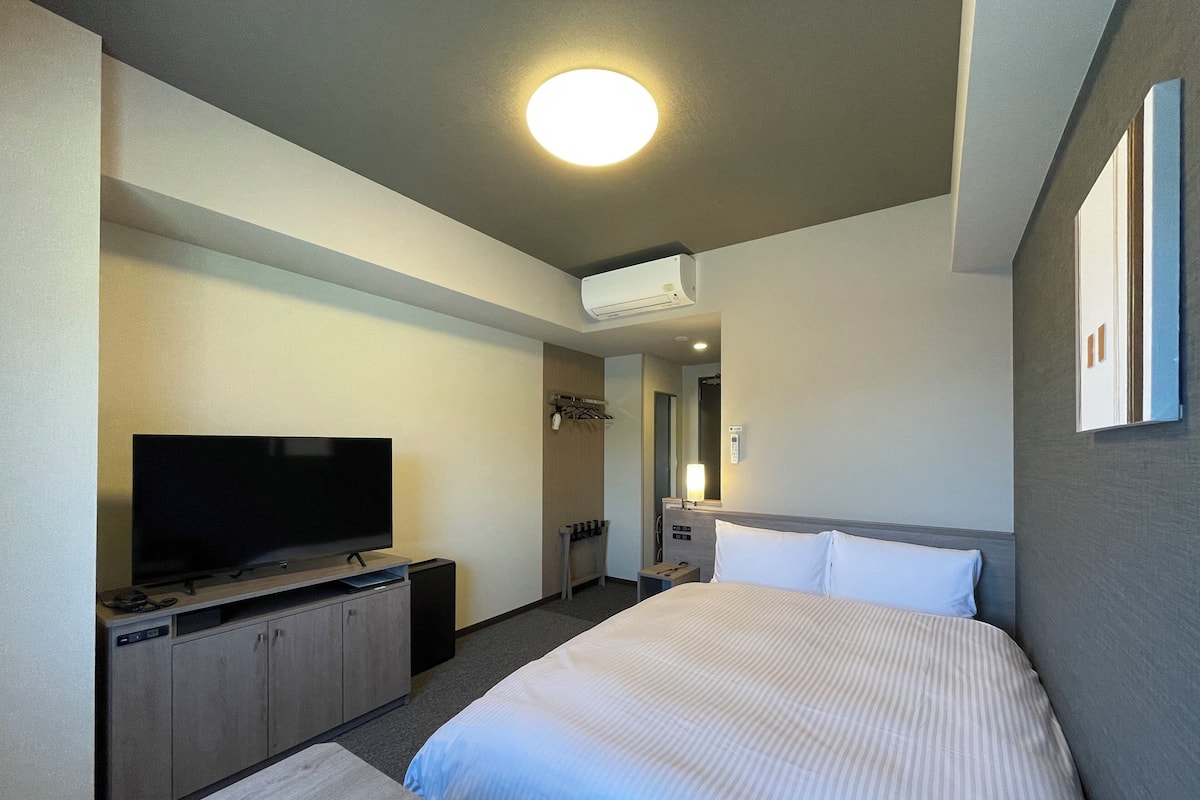A hotel room with a bed, a TV, a desk, and a mirror.
