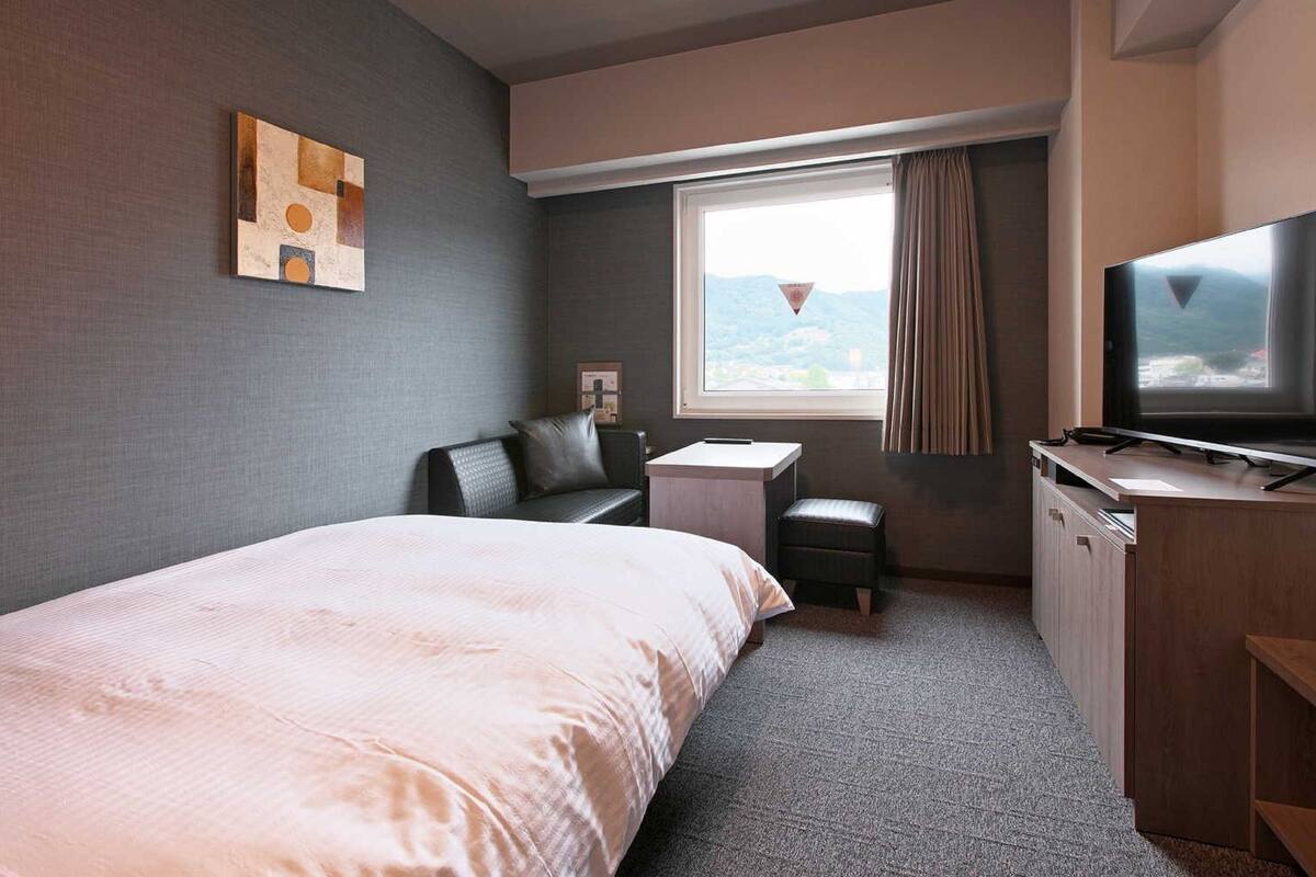 A hotel room with a bed, a desk, a TV, and a window with a view of the mountains.