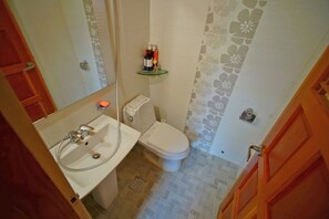 Shower, free toiletries, hair dryer, slippers