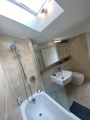 Hair dryer, towels, soap