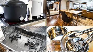 Fridge, microwave, stovetop, cookware/dishes/utensils