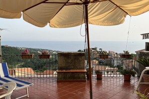 Una terraza con vista al mar, una silla de descanso y plantas en macetas.