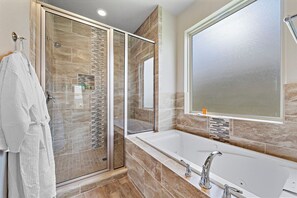 Hair dryer, towels, soap, shampoo