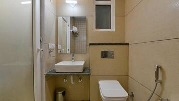 Shower, rainfall showerhead, towels, soap