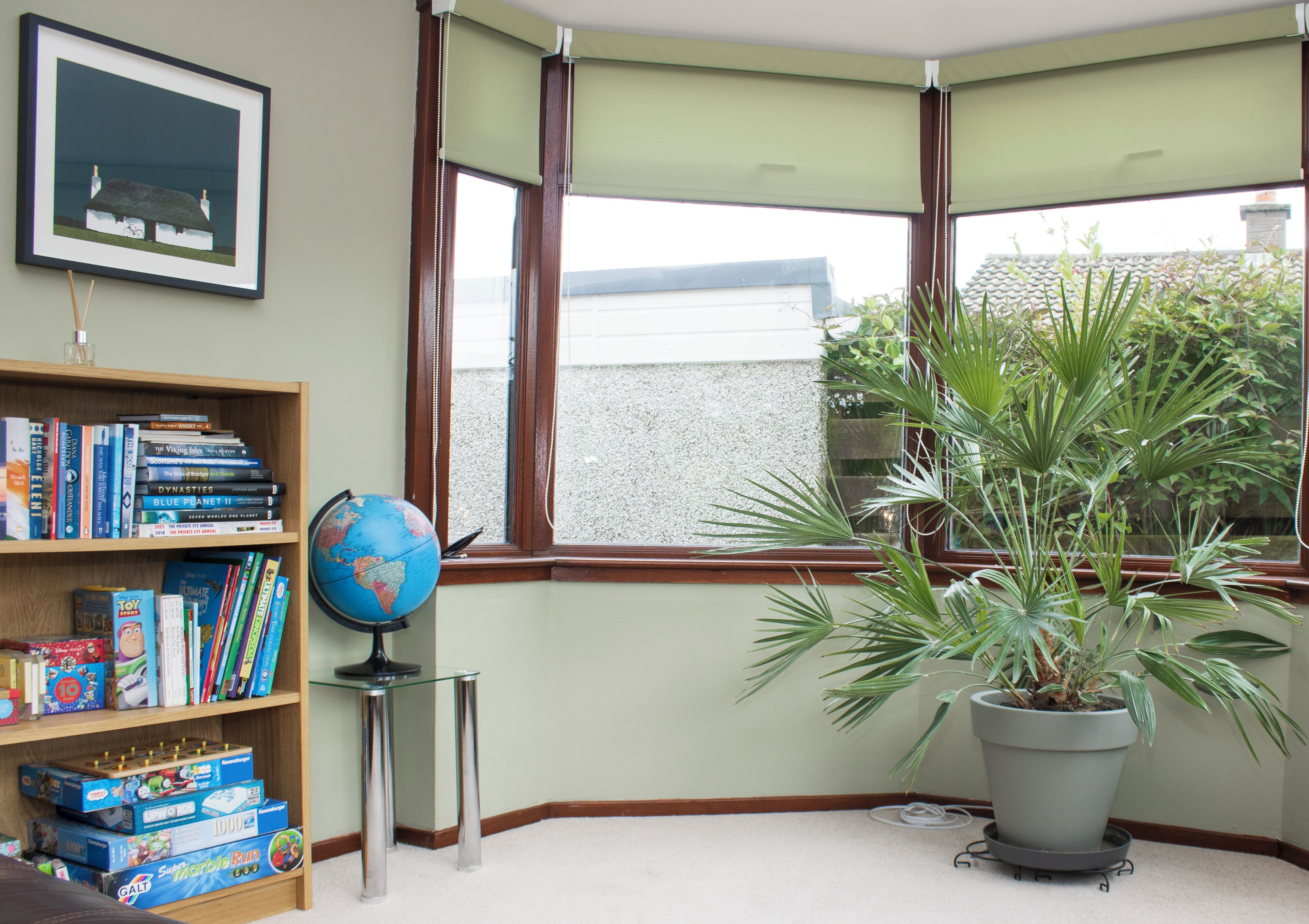 Une pièce avec une bibliothèque, un globe terrestre, une plante en pot et une fenêtre donnant sur une maison.