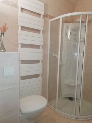 Chuveiro, secador de cabelo, toalhas de banho, sabonete