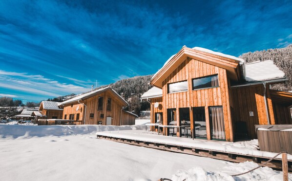 Wooden cabins with large windows, a covered outdoor area, and a snowy landscape.
