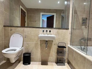 Chuveiro, secador de cabelo, toalhas de banho 