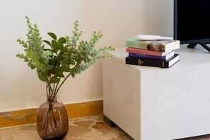 A corner of a room with a plant in a vase, a stack of books, and a television. - Sampolo 70 - Central (Palermo)