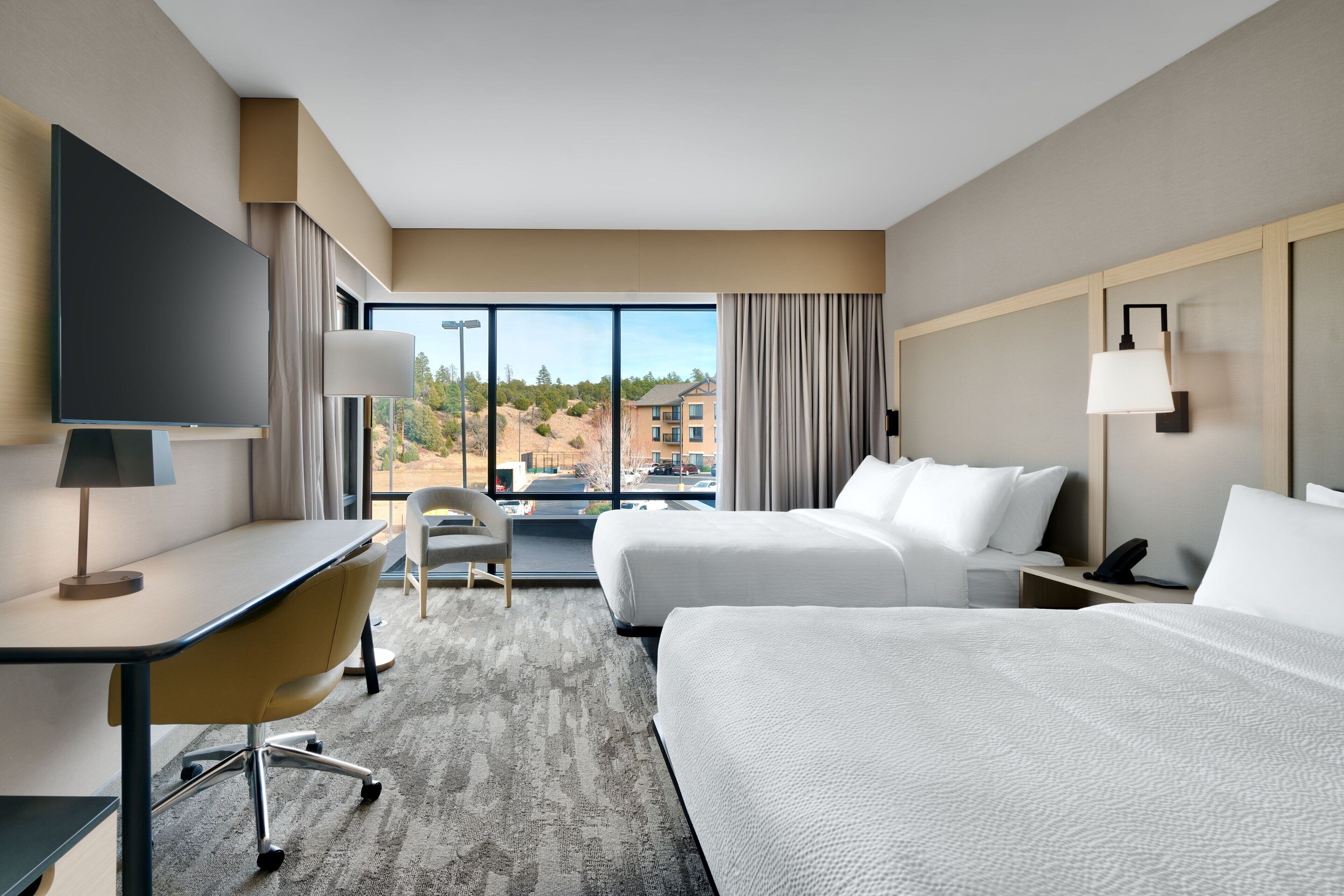 A hotel room with a large bed, a desk with a chair, a TV, and a view of the city.