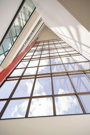 A view through a large window with a grid pattern, leading to a high ceiling and a visible sky.