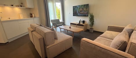A modern living room with a sofa, a coffee table, and a TV. There is a window with curtains, a plant, and a cabinet with kitchen items.