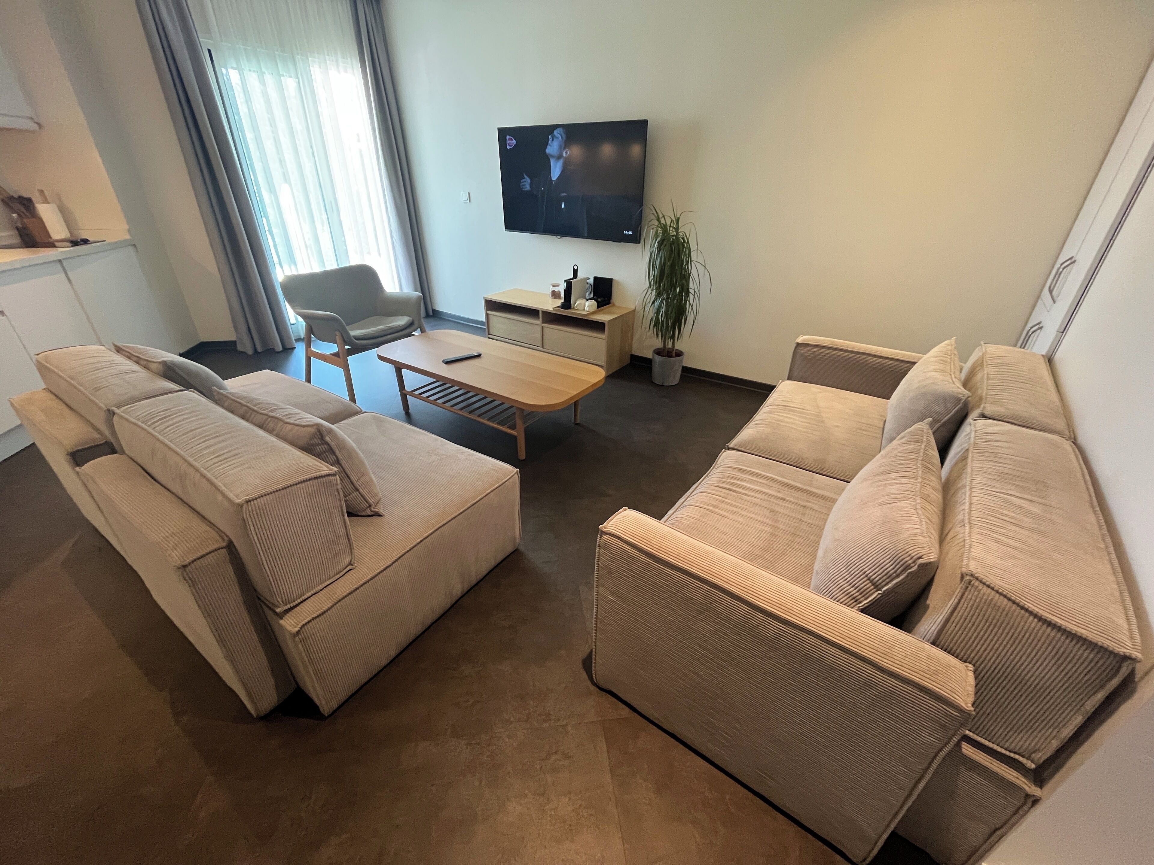 A modern living room with a sofa set, a coffee table, a TV, and a potted plant.