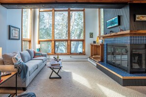 Smart TV, fireplace, books, offices
