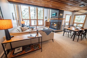 Älytelevisio, takka, kirjoja, työhuone