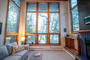 Älytelevisio, takka, kirjoja, työhuone