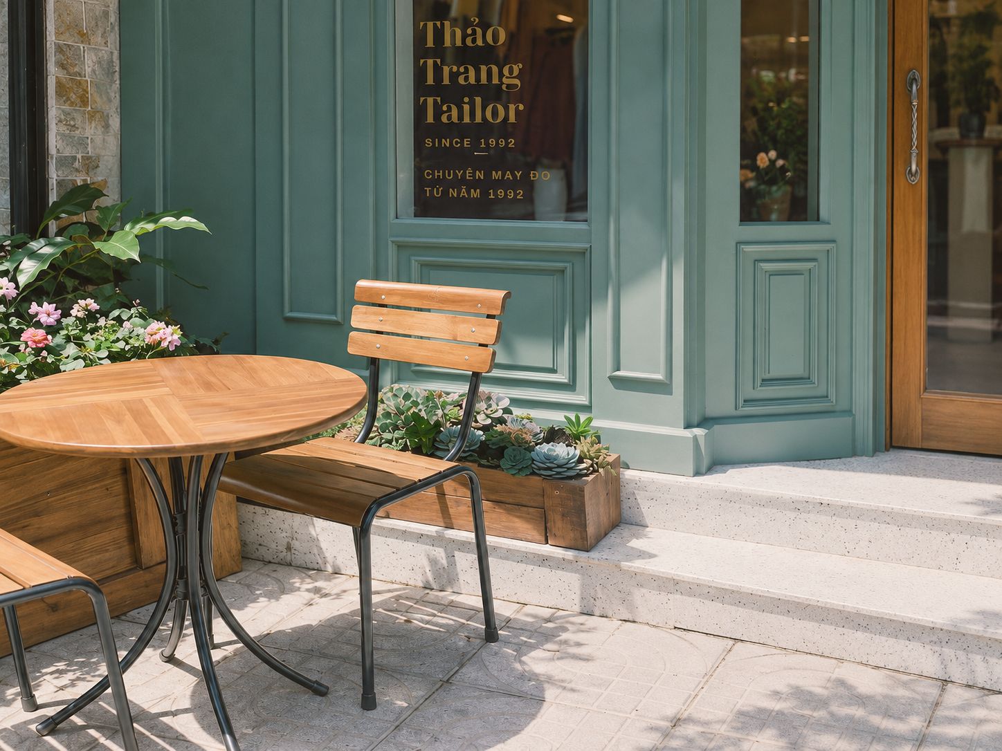 An outdoor seating area with a wooden table and bench, a potted plant, and a storefront with signage.