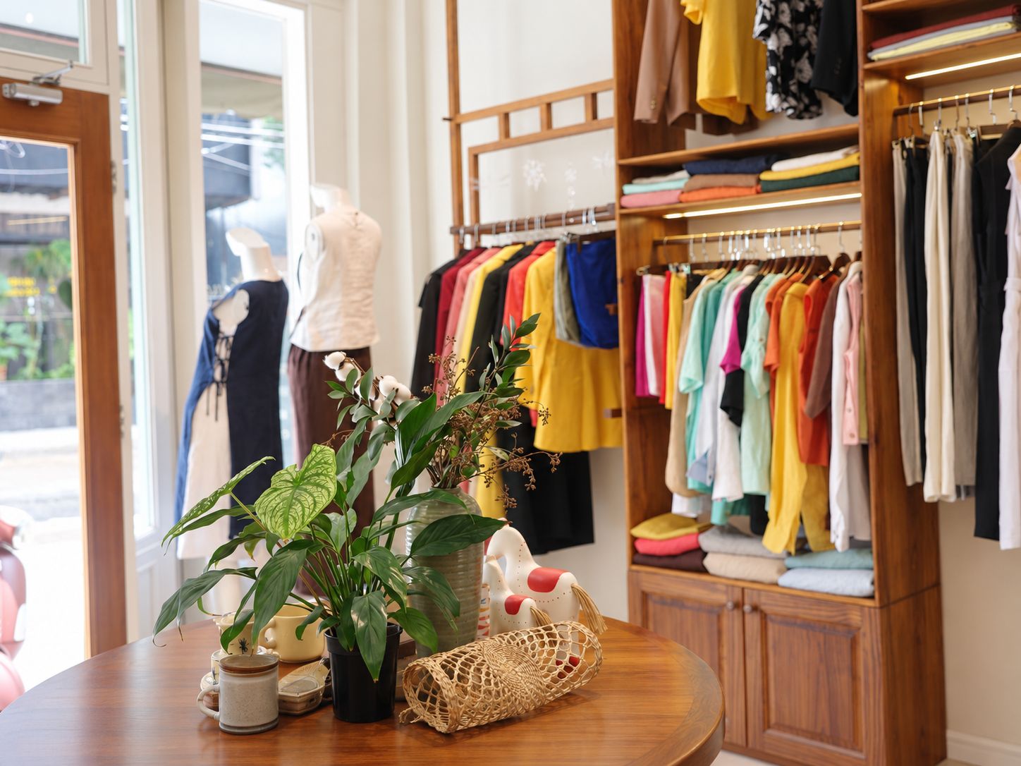 A retail clothing store with racks of colorful clothes and a mannequin in the background.