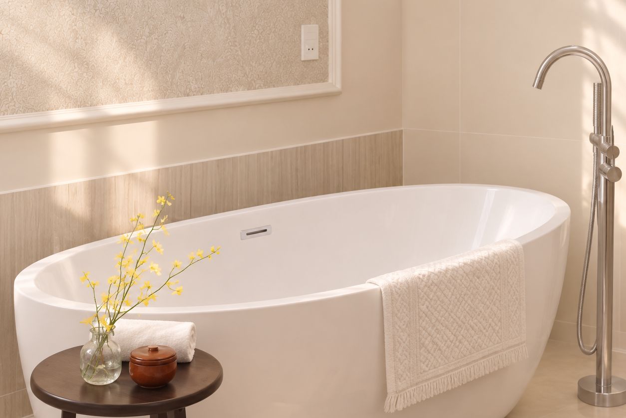 Une salle de bain moderne avec une baignoire sur pieds, une serviette et une petite table sur laquelle se trouvent un vase et un récipient.