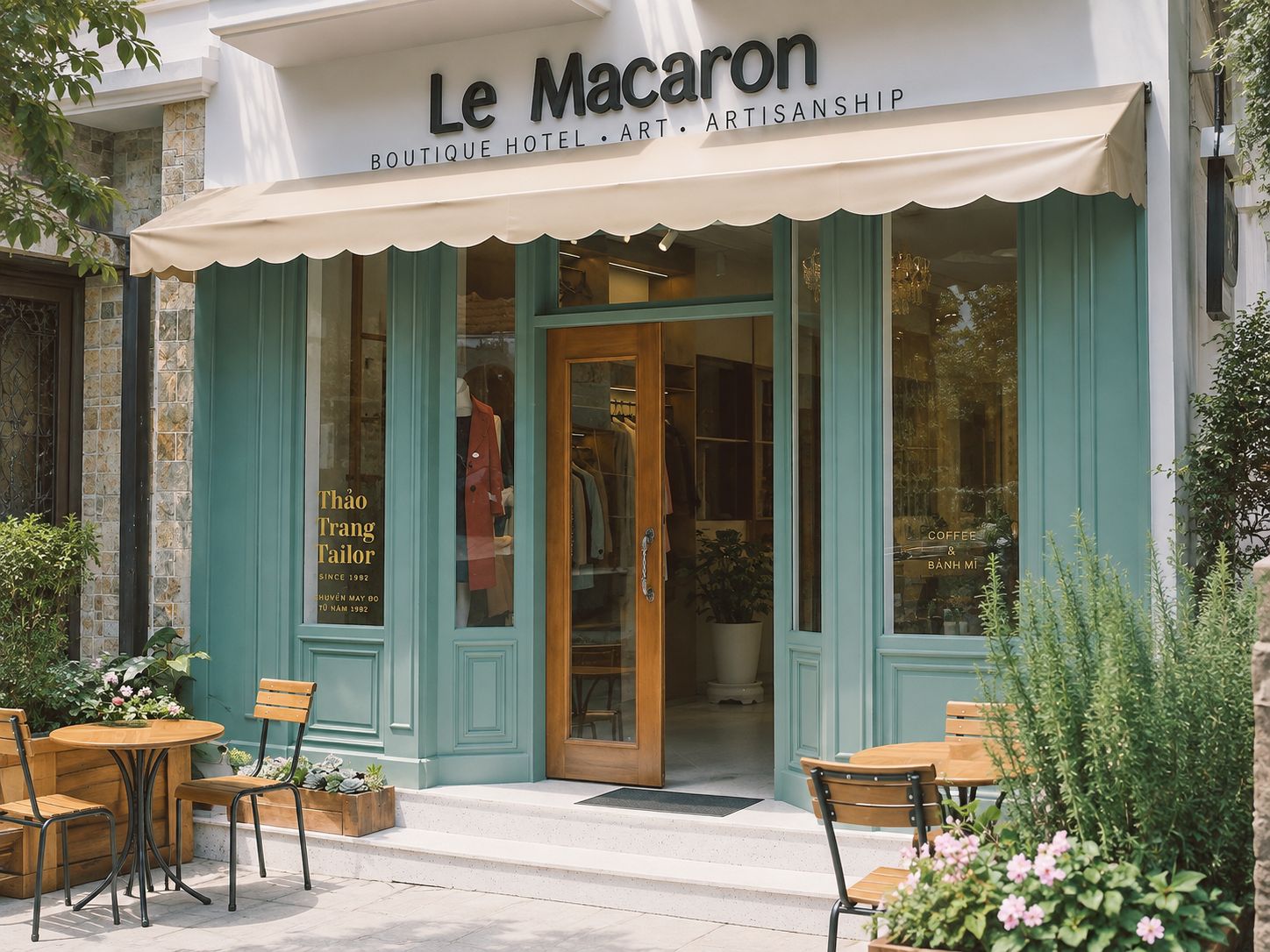 A boutique hotel with a teal facade, a signboard reading 'Le Macaron,' and a visible storefront with clothing items.
