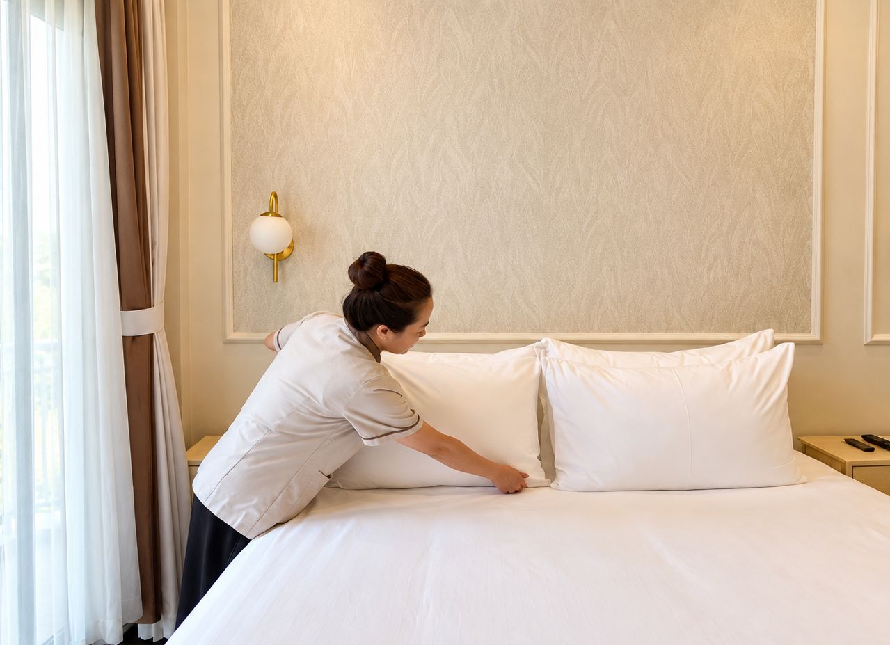 Una habitación de hotel con una cama bien hecha, una mesita de noche con un control remoto y una lámpara de pared.