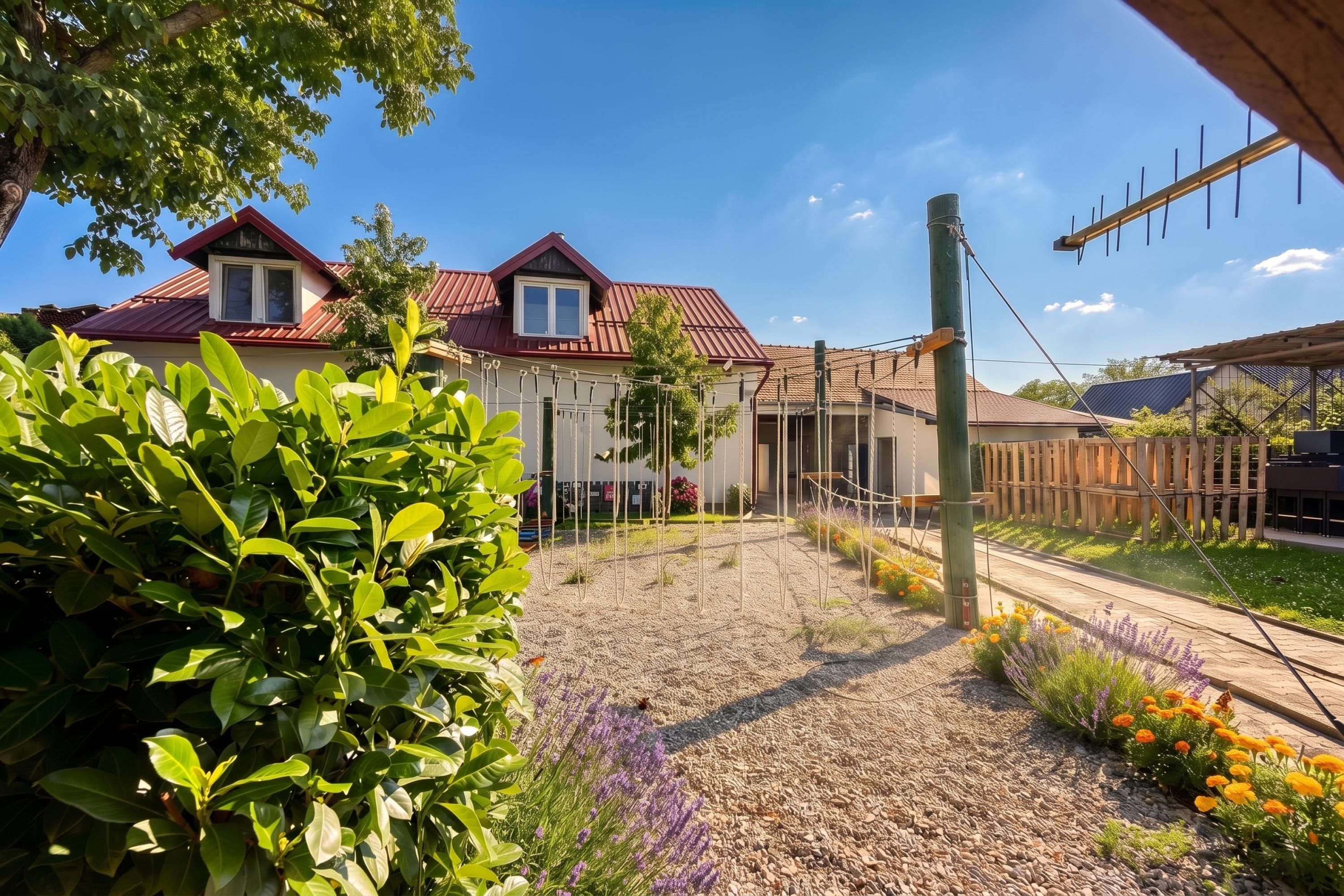 A residential area with a house featuring a red roof, a gravel pathway, and a variety of plants and flowers.