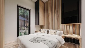 A modern bedroom with a large bed, wooden paneling, a TV, and a view of a house through a glass door. - EuroParcs Ossiacher See (Ossiach)