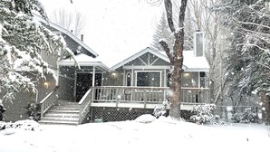 A snow-covered house with a porch, steps, and a chimney. - 1 Mile to Summit or Village*Spa/Arcades/Pool Table (Big Bear Lake)