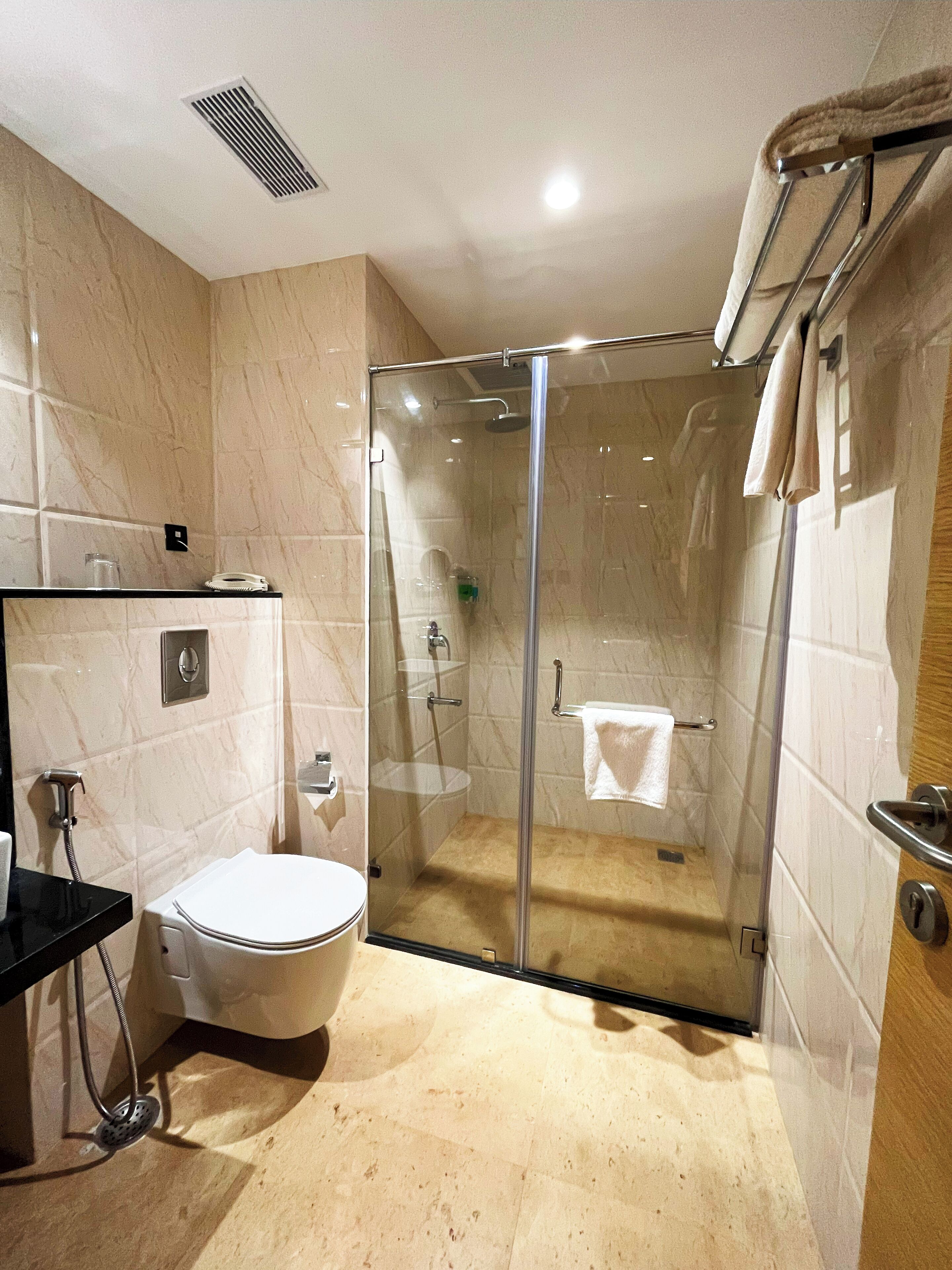 A modern bathroom with a glass-enclosed shower, a toilet, and a sink.