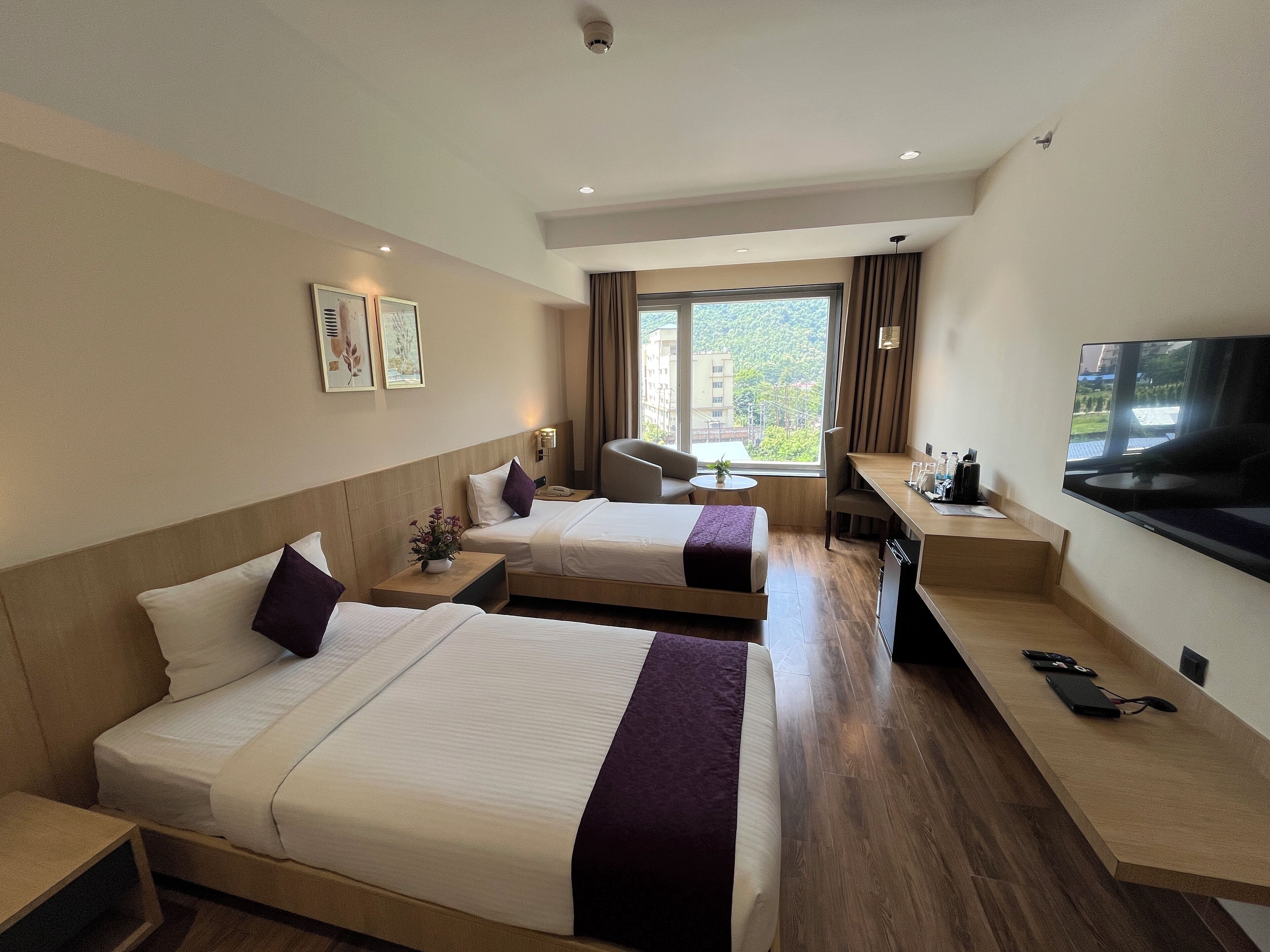 Habitación de hotel con dos camas, un escritorio, un televisor y una ventana que ofrece vistas a edificios y zonas verdes.