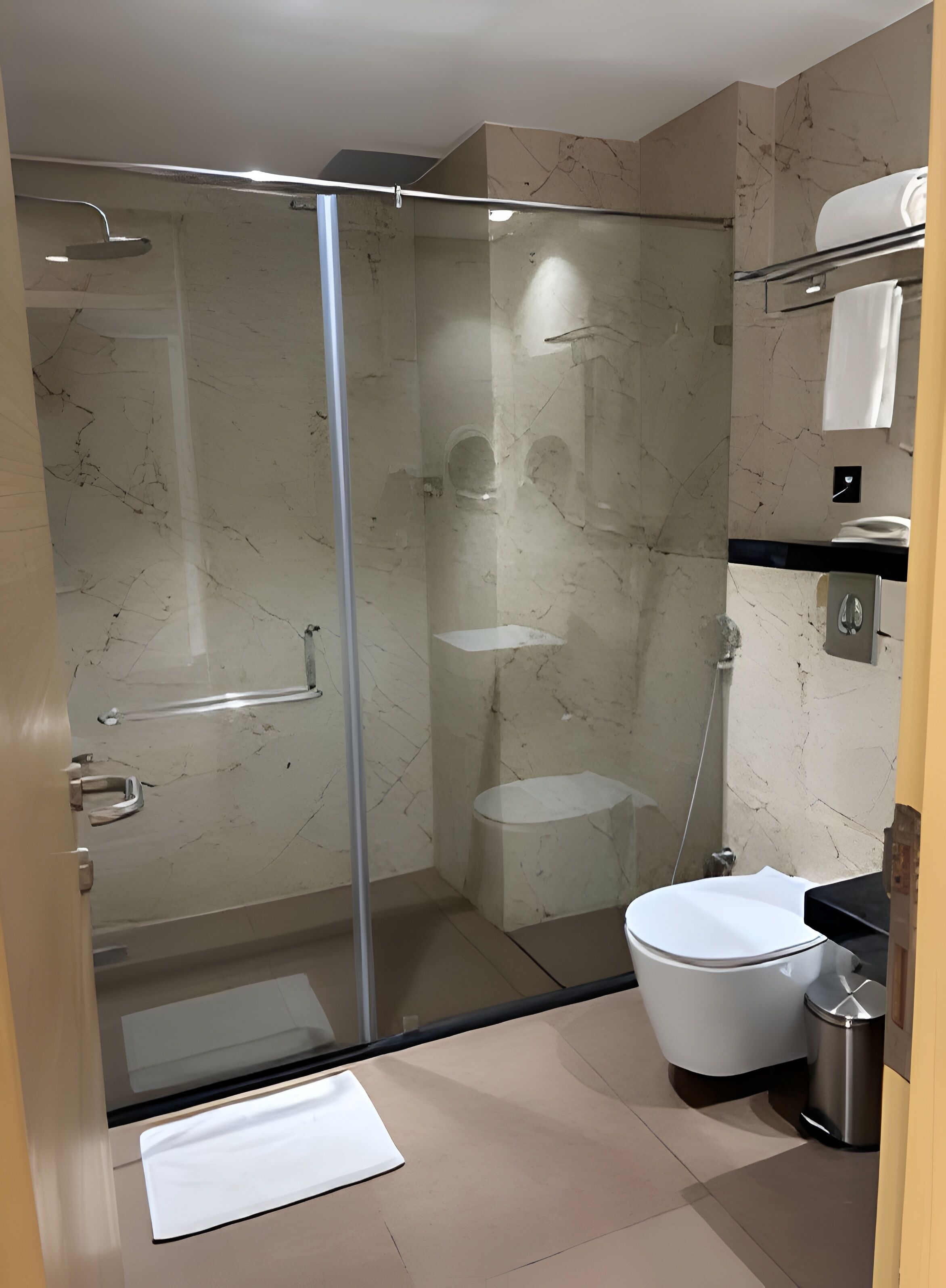 A modern bathroom with a glass-enclosed shower, a white toilet, and a small trash bin.