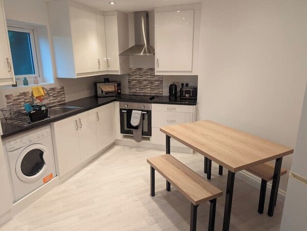 Fridge, microwave, oven, electric kettle