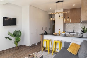 Apartament urbà, 1 llit de matrimoni i sofà llit, balcó | Cuina privada | Microones, forn, placa de cuina i rentaplats 