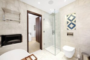 Hair dryer, towels, soap, shampoo