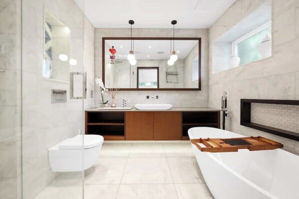 Hair dryer, towels, soap, shampoo