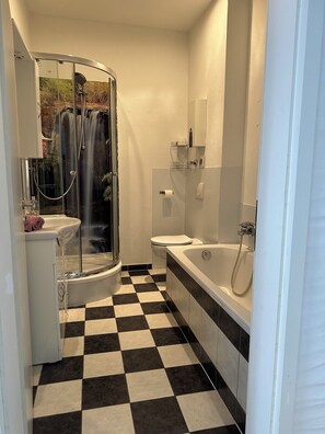 Sèche-cheveux, serviettes fournies, savon, shampoing