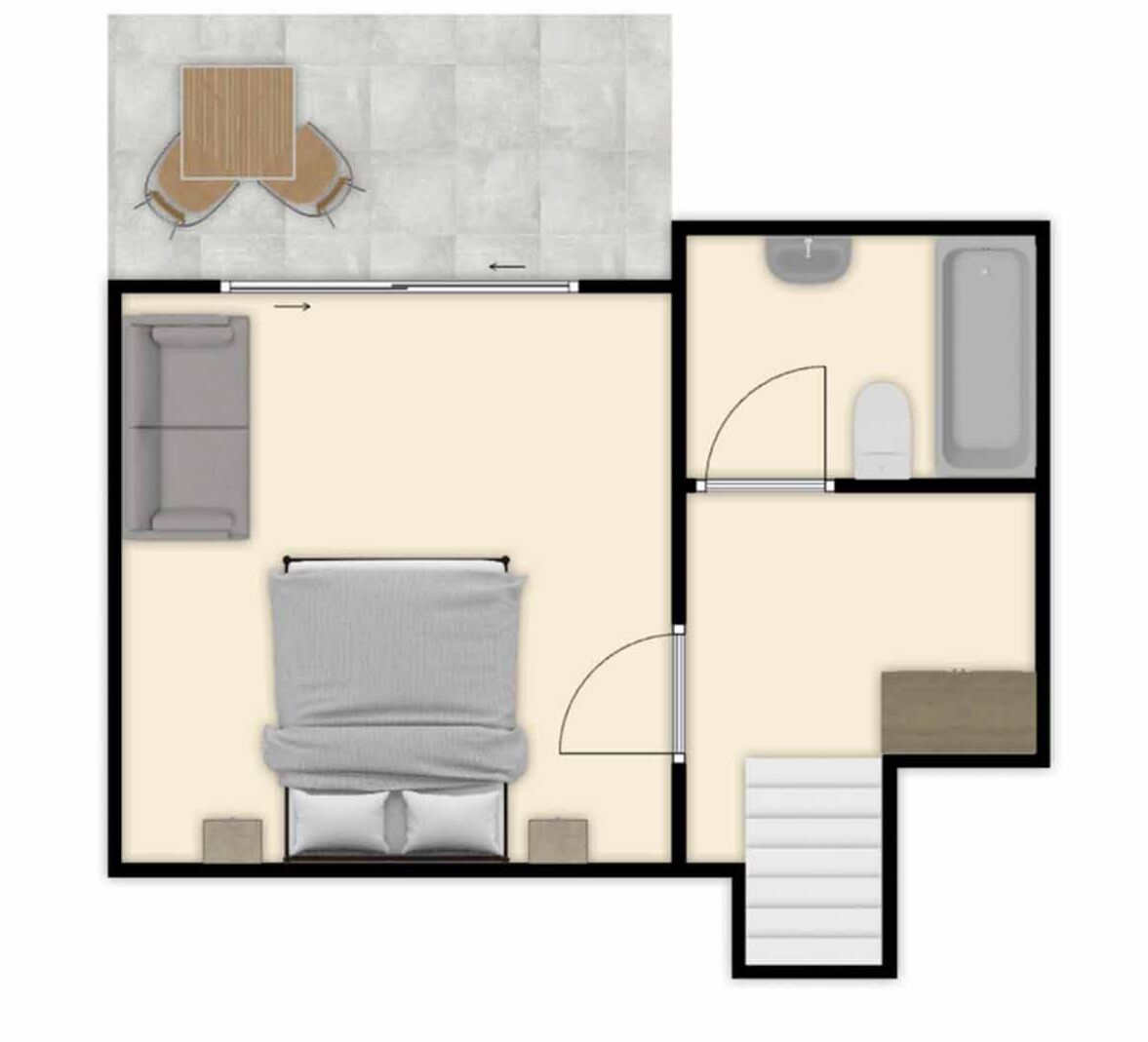 Grundriss einer 2-Zimmer-Wohnung mit Wohnzimmer, Küche und Badezimmer.