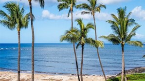 A beach with palm trees and a clear view of the ocean. - Menehune Shores #423 2 Bedroom Condo by RedAwning (Kihei)