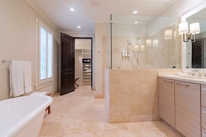 Shower, towels, soap, shampoo