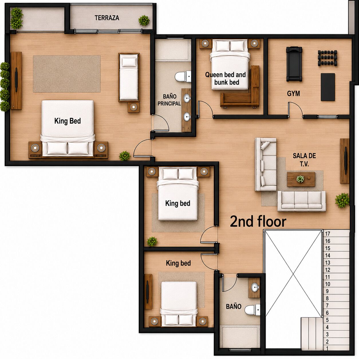 A 2nd floor layout with a King Bed, Queen Bed and Bunk Bed, a Gym, a TV Room, and a bathroom.